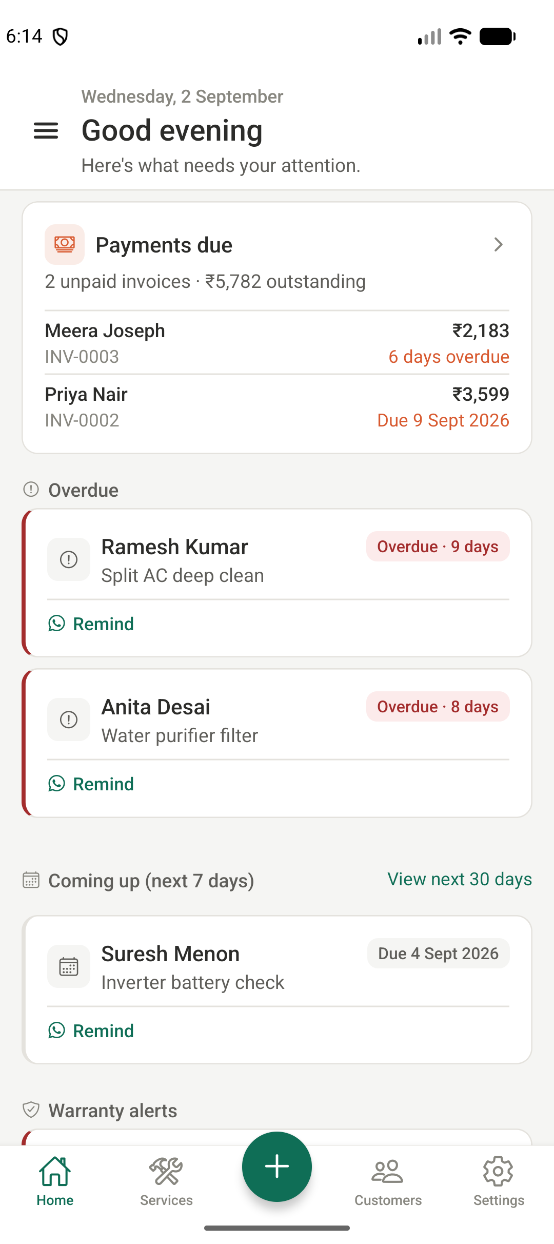Service Reminders Dashboard