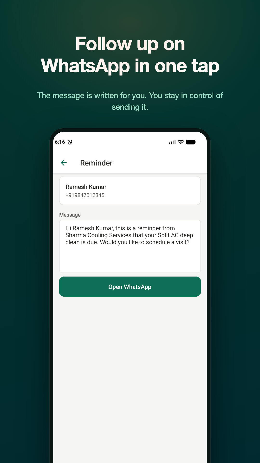 AC तकनीशियन के लिए WhatsApp सर्विस रिमाइंडर मैसेज